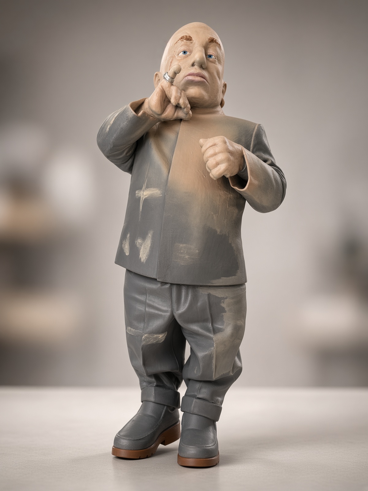 Close up of a hand-painted character figurine with painted eyes, lips and a silver ring