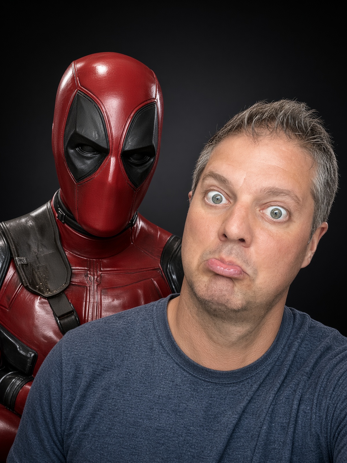 Matt Baribeau beside the finished Deadpool bust with harness straps, buckles and painted eye mesh